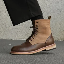 Men's Two-Tone Lace-Up Ankle Boots | Faux Leather and Suede Design for Casual and Outdoor Wear