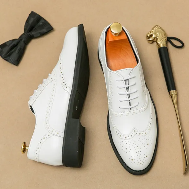 Men's Two-Tone Wingtip Oxford Brogue Shoes in Brown and White, Genuine Leather Gatsby-Inspired 1920s Vintage Dress Shoes for Wedding, Jazz Party, and Formal Events