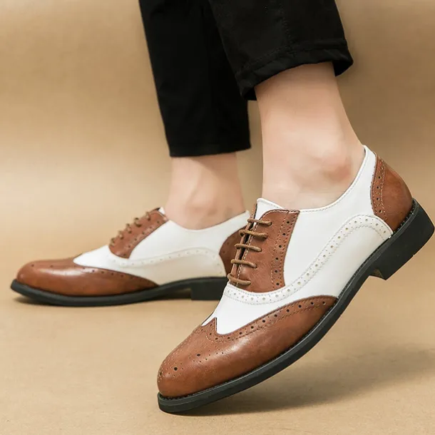 Men's Two-Tone Wingtip Oxford Brogue Shoes in Brown and White, Genuine Leather Gatsby-Inspired 1920s Vintage Dress Shoes for Wedding, Jazz Party, and Formal Events