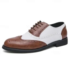Men's Two-Tone Wingtip Oxford Brogue Shoes in Brown and White, Genuine Leather Gatsby-Inspired 1920s Vintage Dress Shoes for Wedding, Jazz Party, and Formal Events