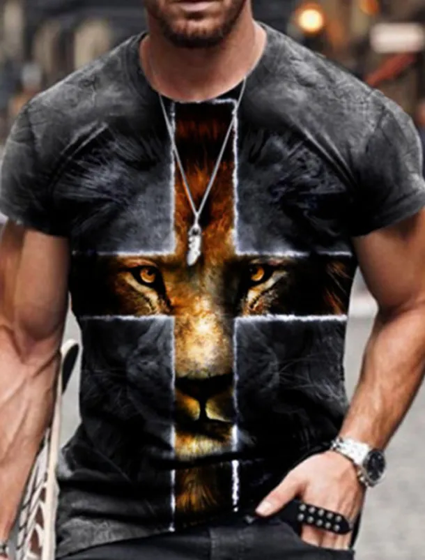 Men's Unisex Lion Graphic Prints Cross Shirt T shirt Tee Short Sleeve T shirt 3D Print Round Neck Shirt Designer Basic Big and Tall Casual Daily Black / Gray Gold + Black Black Summer Clothing Apparel