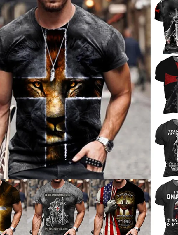 Men's Unisex Lion Graphic Prints Cross Shirt T shirt Tee Short Sleeve T shirt 3D Print Round Neck Shirt Designer Basic Big and Tall Casual Daily Black / Gray Gold + Black Black Summer Clothing Apparel