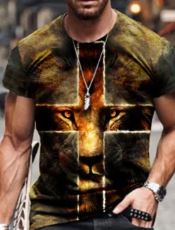 Men's Unisex Lion Graphic Prints Cross Shirt T shirt Tee Short Sleeve T shirt 3D Print Round Neck Shirt Designer Basic Big and Tall Casual Daily Black / Gray Gold + Black Black Summer Clothing Apparel