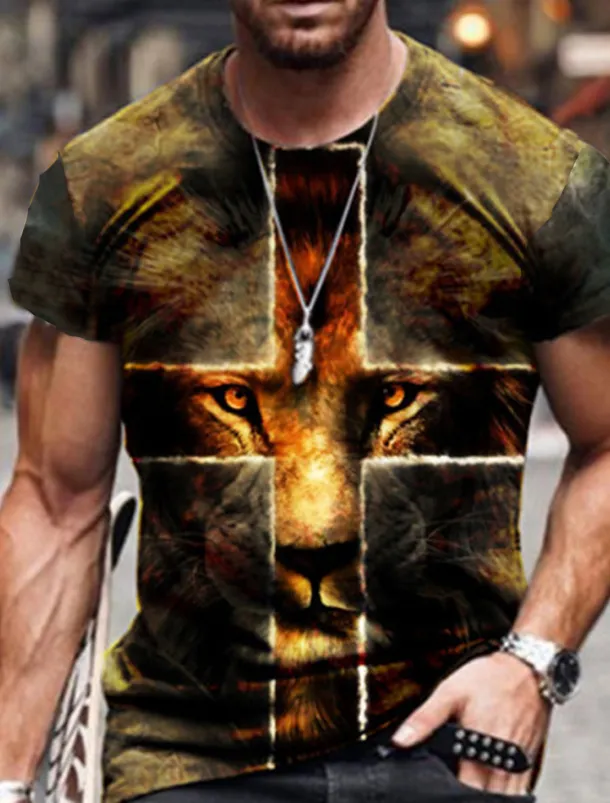 Men's Unisex Lion Graphic Prints Cross Shirt T shirt Tee Short Sleeve T shirt 3D Print Round Neck Shirt Designer Basic Big and Tall Casual Daily Black / Gray Gold + Black Black Summer Clothing Apparel