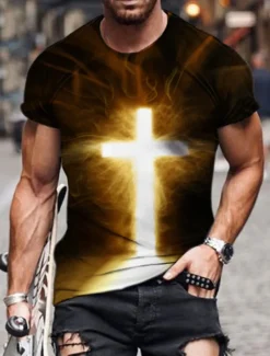 Men's Unisex Lion Graphic Prints Cross Shirt T shirt Tee Short Sleeve T shirt 3D Print Round Neck Shirt Designer Basic Big and Tall Casual Daily Black / Gray Gold + Black Black Summer Clothing Apparel