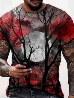 Men's Unisex Moon Graphic Prints Shirt T Shirt Tee Short Sleeve T shirt 3D Print Crew Neck Shirt Designer Casual Big and Tall Halloween Daily Holiday Wine Yellow Red Summer Clothing Apparel S M L XL