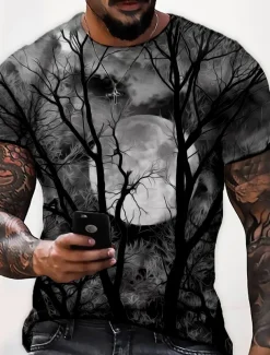 Men's Unisex Moon Graphic Prints Shirt T Shirt Tee Short Sleeve T shirt 3D Print Crew Neck Shirt Designer Casual Big and Tall Halloween Daily Holiday Wine Yellow Red Summer Clothing Apparel S M L XL