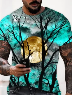 Men's Unisex Moon Graphic Prints Shirt T Shirt Tee Short Sleeve T shirt 3D Print Crew Neck Shirt Designer Casual Big and Tall Halloween Daily Holiday Wine Yellow Red Summer Clothing Apparel S M L XL