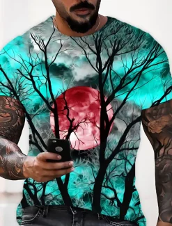 Men's Unisex Moon Graphic Prints Shirt T Shirt Tee Short Sleeve T shirt 3D Print Crew Neck Shirt Designer Casual Big and Tall Halloween Daily Holiday Wine Yellow Red Summer Clothing Apparel S M L XL