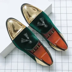 Men's Velvet and Gold Loafers | Luxury Tassel Slip-On Dress Shoes with Brogue Detailing for Christmas,Formal Events