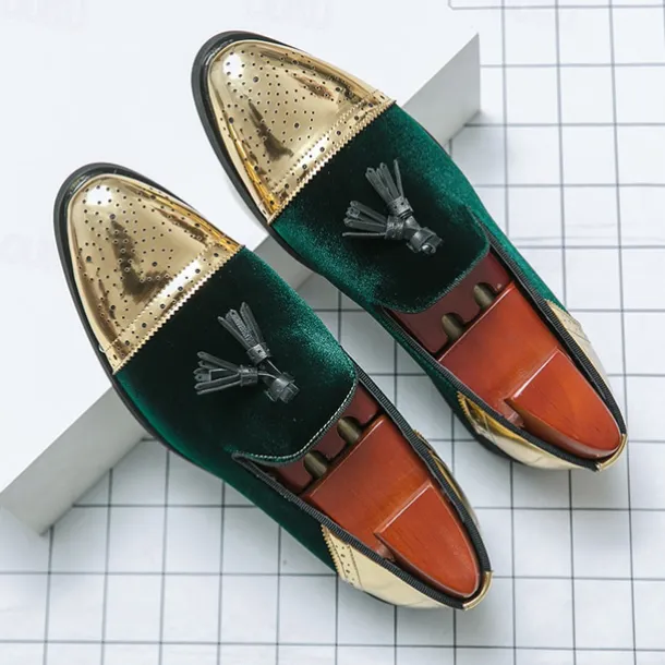 Men's Velvet and Gold Loafers | Luxury Tassel Slip-On Dress Shoes with Brogue Detailing for Christmas,Formal Events