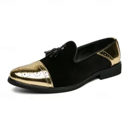 Men's Velvet and Gold Loafers | Luxury Tassel Slip-On Dress Shoes with Brogue Detailing for Christmas,Formal Events