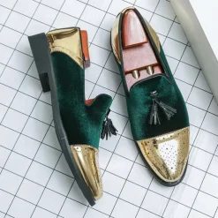 Men's Velvet and Gold Loafers | Luxury Tassel Slip-On Dress Shoes with Brogue Detailing for Christmas,Formal Events