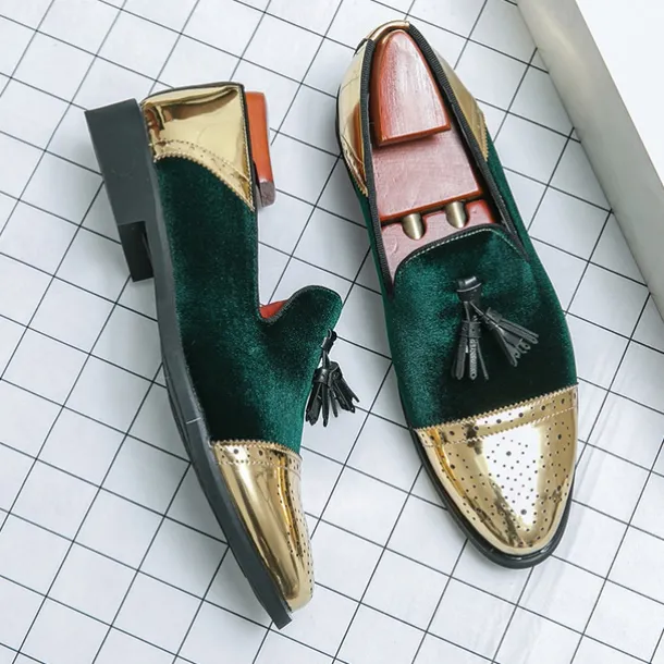 Men's Velvet and Gold Loafers | Luxury Tassel Slip-On Dress Shoes with Brogue Detailing for Christmas,Formal Events