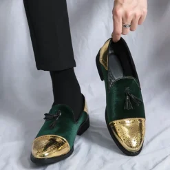 Men's Velvet and Gold Loafers | Luxury Tassel Slip-On Dress Shoes with Brogue Detailing for Christmas,Formal Events