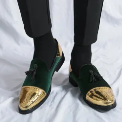 Men's Velvet and Gold Loafers | Luxury Tassel Slip-On Dress Shoes with Brogue Detailing for Christmas,Formal Events