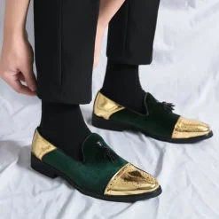 Men's Velvet and Gold Loafers | Luxury Tassel Slip-On Dress Shoes with Brogue Detailing for Christmas,Formal Events