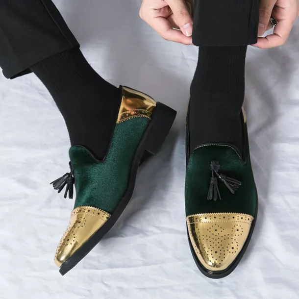 Men's Velvet and Gold Loafers | Luxury Tassel Slip-On Dress Shoes with Brogue Detailing for Christmas,Formal Events