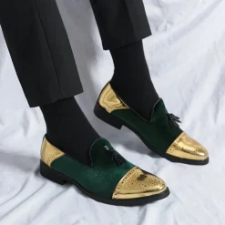Men's Velvet and Gold Loafers | Luxury Tassel Slip-On Dress Shoes with Brogue Detailing for Christmas,Formal Events