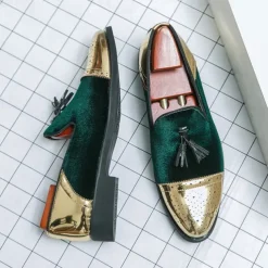 Men's Velvet and Gold Loafers | Luxury Tassel Slip-On Dress Shoes with Brogue Detailing for Christmas,Formal Events