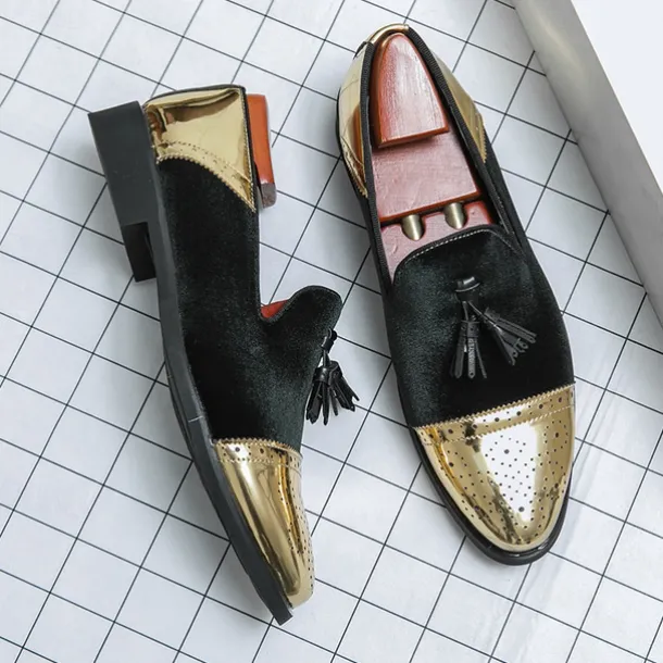 Men's Velvet and Gold Loafers | Luxury Tassel Slip-On Dress Shoes with Brogue Detailing for Christmas,Formal Events