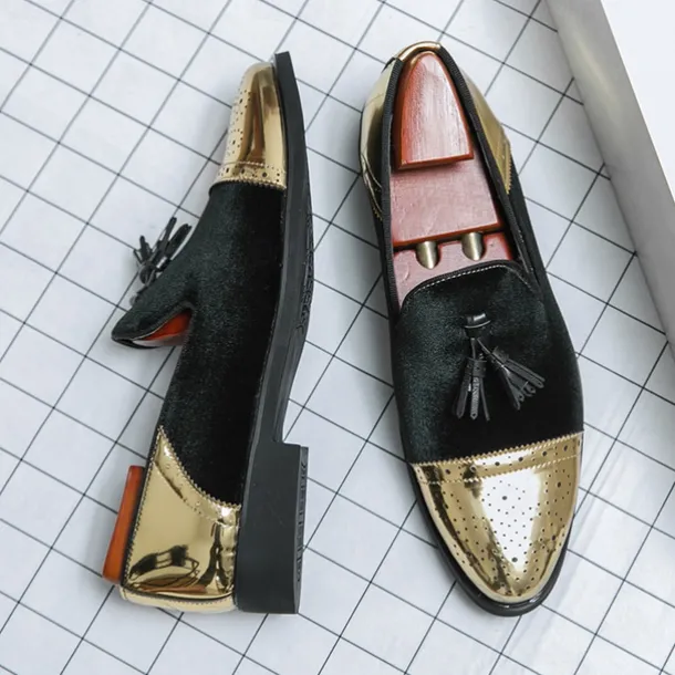 Men's Velvet and Gold Loafers | Luxury Tassel Slip-On Dress Shoes with Brogue Detailing for Christmas,Formal Events