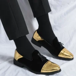 Men's Velvet and Gold Loafers | Luxury Tassel Slip-On Dress Shoes with Brogue Detailing for Christmas,Formal Events