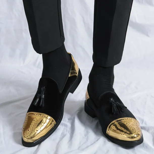 Men's Velvet and Gold Loafers | Luxury Tassel Slip-On Dress Shoes with Brogue Detailing for Christmas,Formal Events