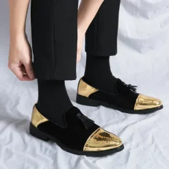 Men's Velvet and Gold Loafers | Luxury Tassel Slip-On Dress Shoes with Brogue Detailing for Christmas,Formal Events