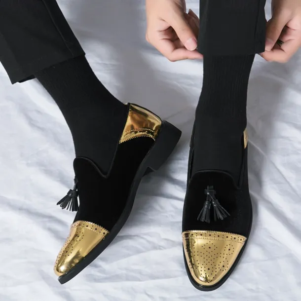 Men's Velvet and Gold Loafers | Luxury Tassel Slip-On Dress Shoes with Brogue Detailing for Christmas,Formal Events
