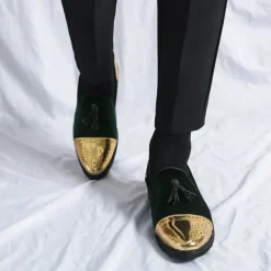 Men's Velvet and Gold Loafers | Luxury Tassel Slip-On Dress Shoes with Brogue Detailing for Christmas,Formal Events