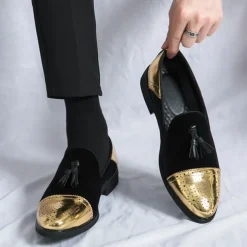 Men's Velvet and Gold Loafers | Luxury Tassel Slip-On Dress Shoes with Brogue Detailing for Christmas,Formal Events