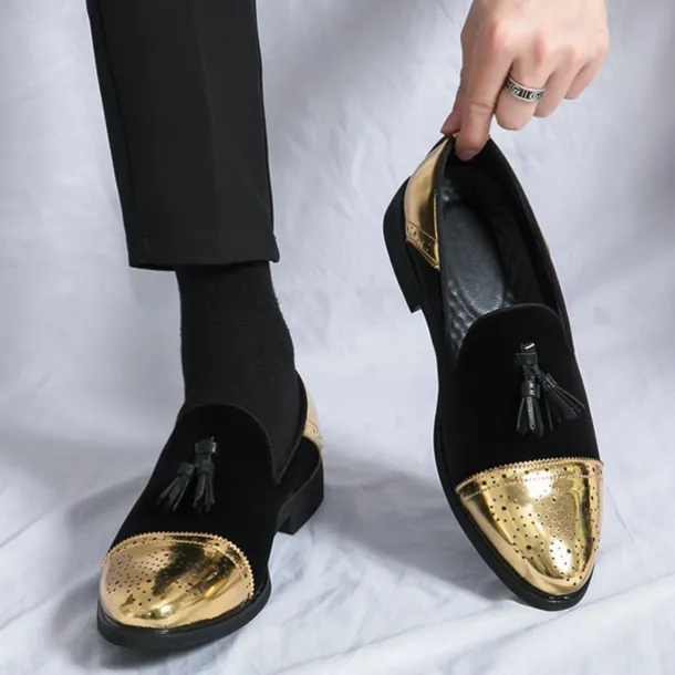 Men's Velvet and Gold Loafers | Luxury Tassel Slip-On Dress Shoes with Brogue Detailing for Christmas,Formal Events
