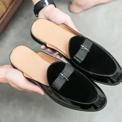 Men's Velvet and Patent Leather Mule Loafers – Slip-On Design with Decorative Bow for Formal and Evening Events