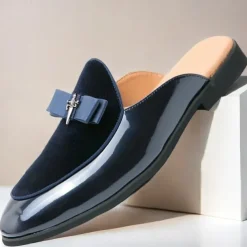 Men's Velvet and Patent Leather Mule Loafers – Slip-On Design with Decorative Bow for Formal and Evening Events