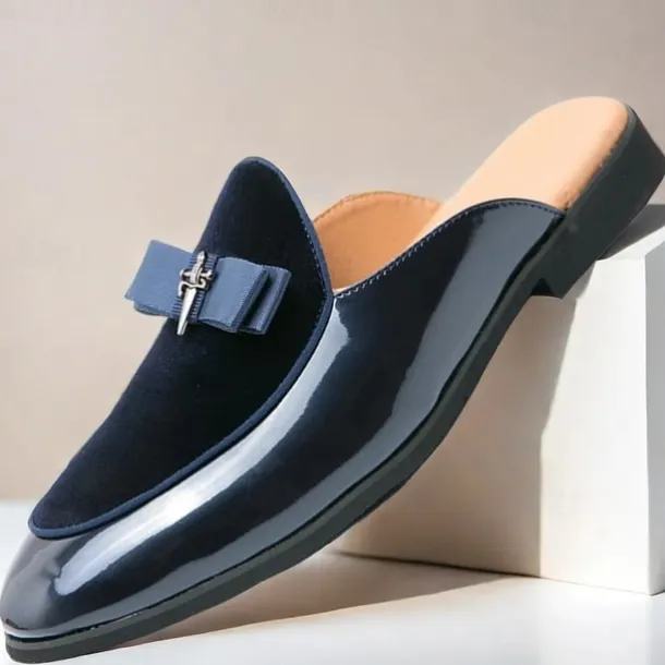Men's Velvet and Patent Leather Mule Loafers – Slip-On Design with Decorative Bow for Formal and Evening Events