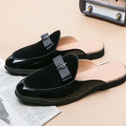 Men's Velvet and Patent Leather Mule Loafers – Slip-On Design with Decorative Bow for Formal and Evening Events