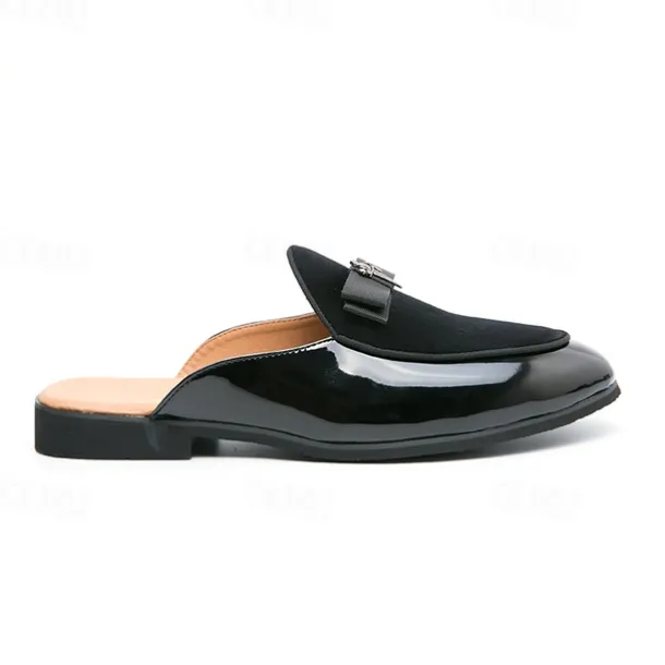 Men's Velvet and Patent Leather Mule Loafers – Slip-On Design with Decorative Bow for Formal and Evening Events