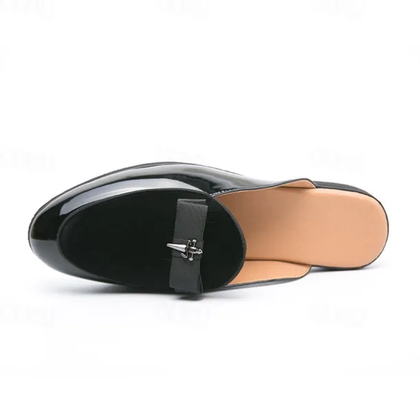 Men's Velvet and Patent Leather Mule Loafers – Slip-On Design with Decorative Bow for Formal and Evening Events