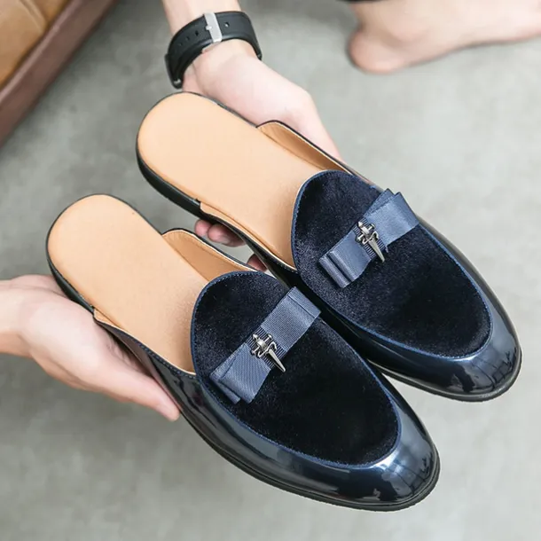 Men's Velvet and Patent Leather Mule Loafers – Slip-On Design with Decorative Bow for Formal and Evening Events
