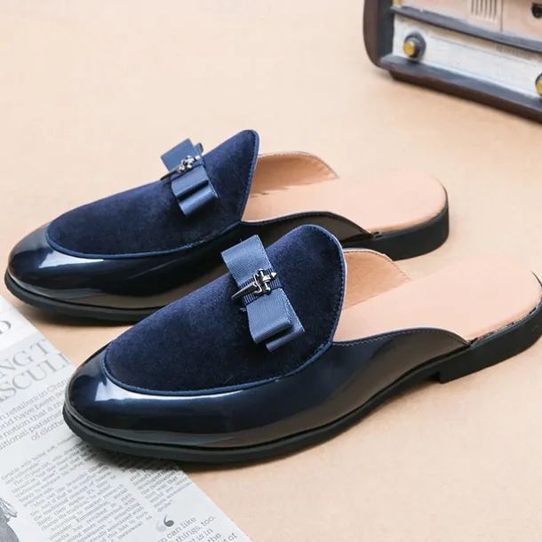 Men's Velvet and Patent Leather Mule Loafers – Slip-On Design with Decorative Bow for Formal and Evening Events