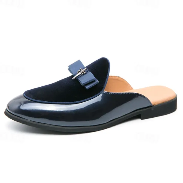 Men's Velvet and Patent Leather Mule Loafers – Slip-On Design with Decorative Bow for Formal and Evening Events