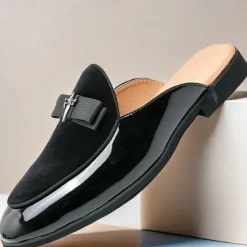 Men's Velvet and Patent Leather Mule Loafers – Slip-On Design with Decorative Bow for Formal and Evening Events