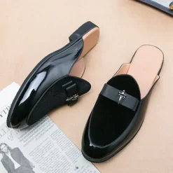 Men's Velvet and Patent Leather Mule Loafers – Slip-On Design with Decorative Bow for Formal and Evening Events