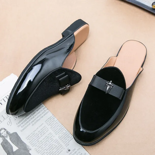 Men's Velvet and Patent Leather Mule Loafers – Slip-On Design with Decorative Bow for Formal and Evening Events