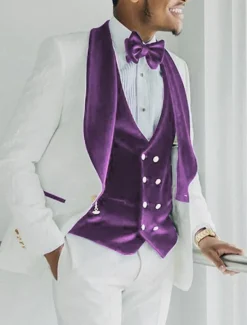 Men's Velvet Wedding Prom Party Tuxedos Red Burgundy Solid Colored Standard Fit 3 Piece Single Breasted One-button