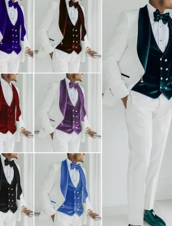 Men's Velvet Wedding Prom Party Tuxedos Red Burgundy Solid Colored Standard Fit 3 Piece Single Breasted One-button