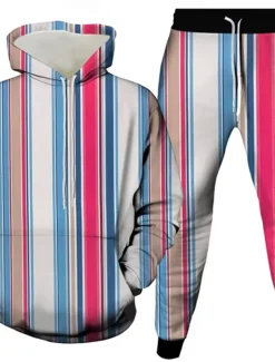 Men's Vertical Stripes 2pcs 3D Sweatshirt Sets Tracksuit Hoodie Sweatshirt Long Sleeve Long pants Hooded Casual Daily Athleisure 3D Print Spring Fall Winter Robin's Egg Blue White Green