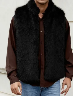 Men's Vest Faux Fur Gilet Daily Date Vacation Fashion Casual Fall & Winter Keep Warm Polyester Comfortable Plain Cardigan Stand Collar Regular Fit Black White Yellow Vest