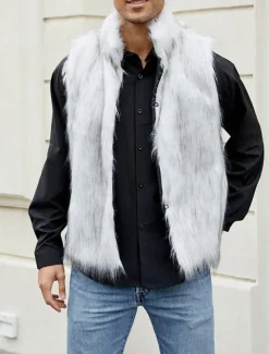 Men's Vest Faux Fur Gilet Daily Date Vacation Fashion Casual Fall & Winter Keep Warm Polyester Comfortable Plain Cardigan Stand Collar Regular Fit Black White Yellow Vest